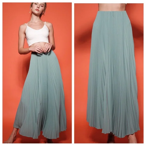 39 Boho Solid woven elastic banded waist pleated maxi skirt - Picture 3 of 6